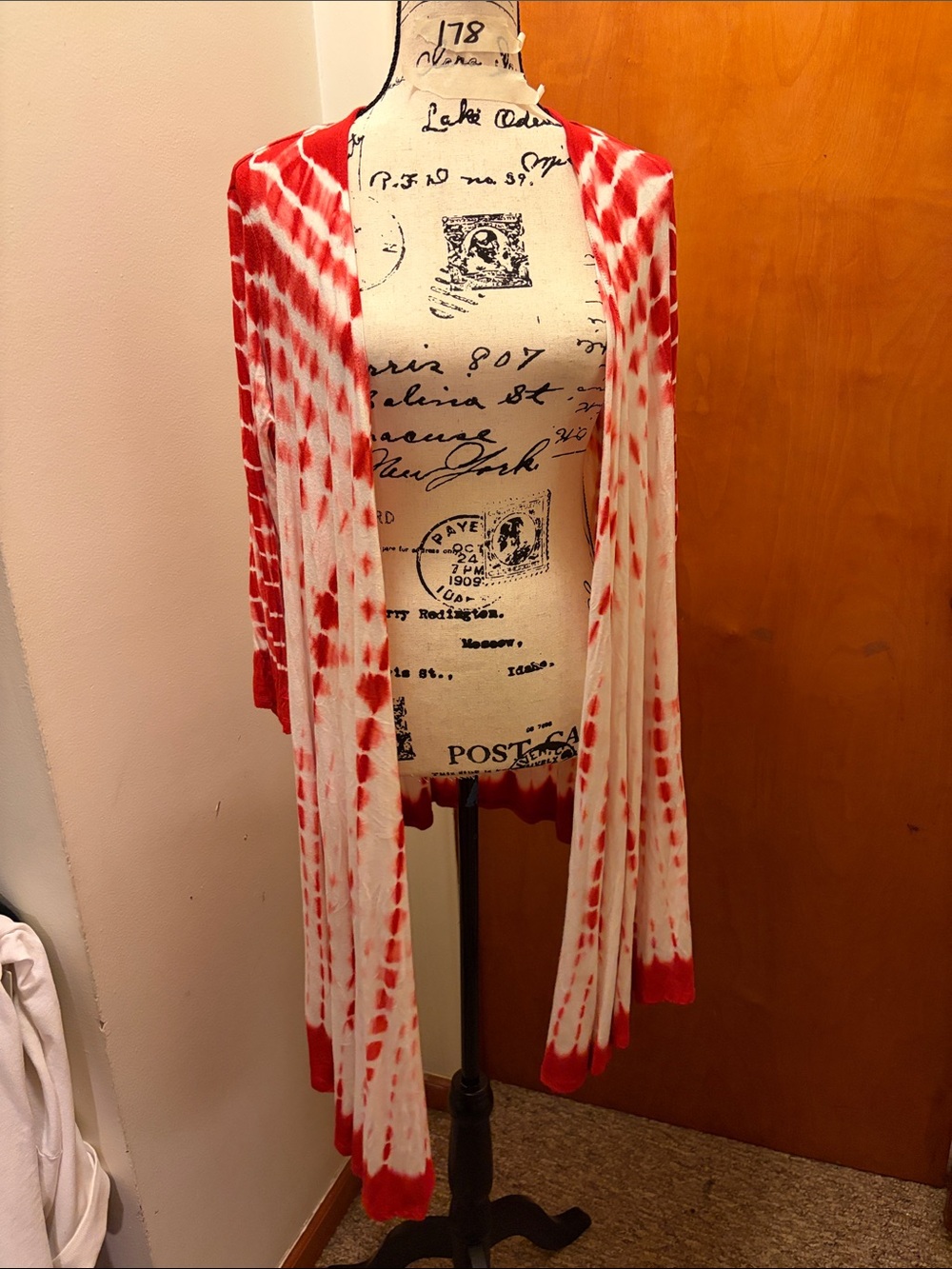 Red and White Tie-Dye Open Cardigan - Unbranded
